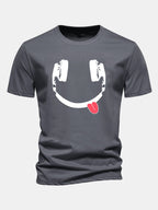 Regular Fit Headphone Smiley Face Print Cotton T-Shirt