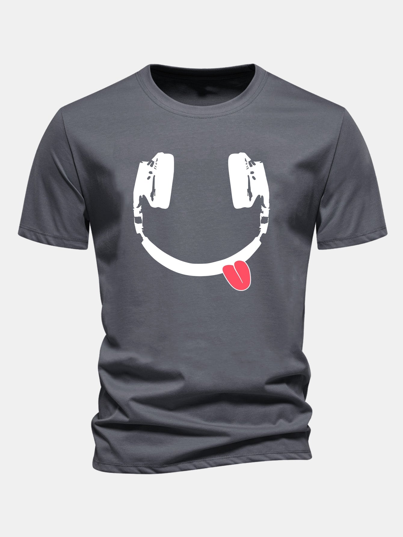 Regular Fit Headphone Smiley Face Print Cotton T-Shirt