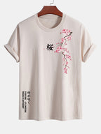 Regular Fit Cherry Blossoms Print Cotton T-Shirt
