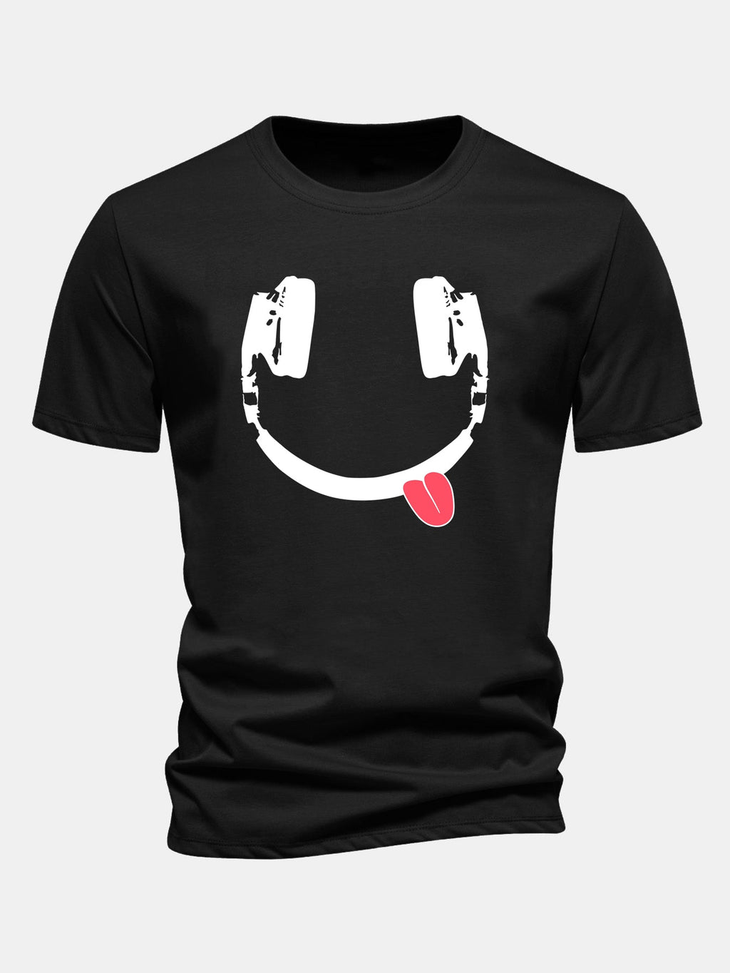 Regular Fit Headphone Smiley Face Print Cotton T-Shirt