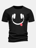 Regular Fit Headphone Smiley Face Print Cotton T-Shirt