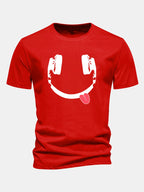 Regular Fit Headphone Smiley Face Print Cotton T-Shirt