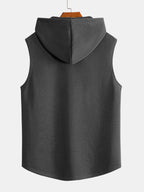 Black Print Curved Hem Sleeveless Hooded Tank Top