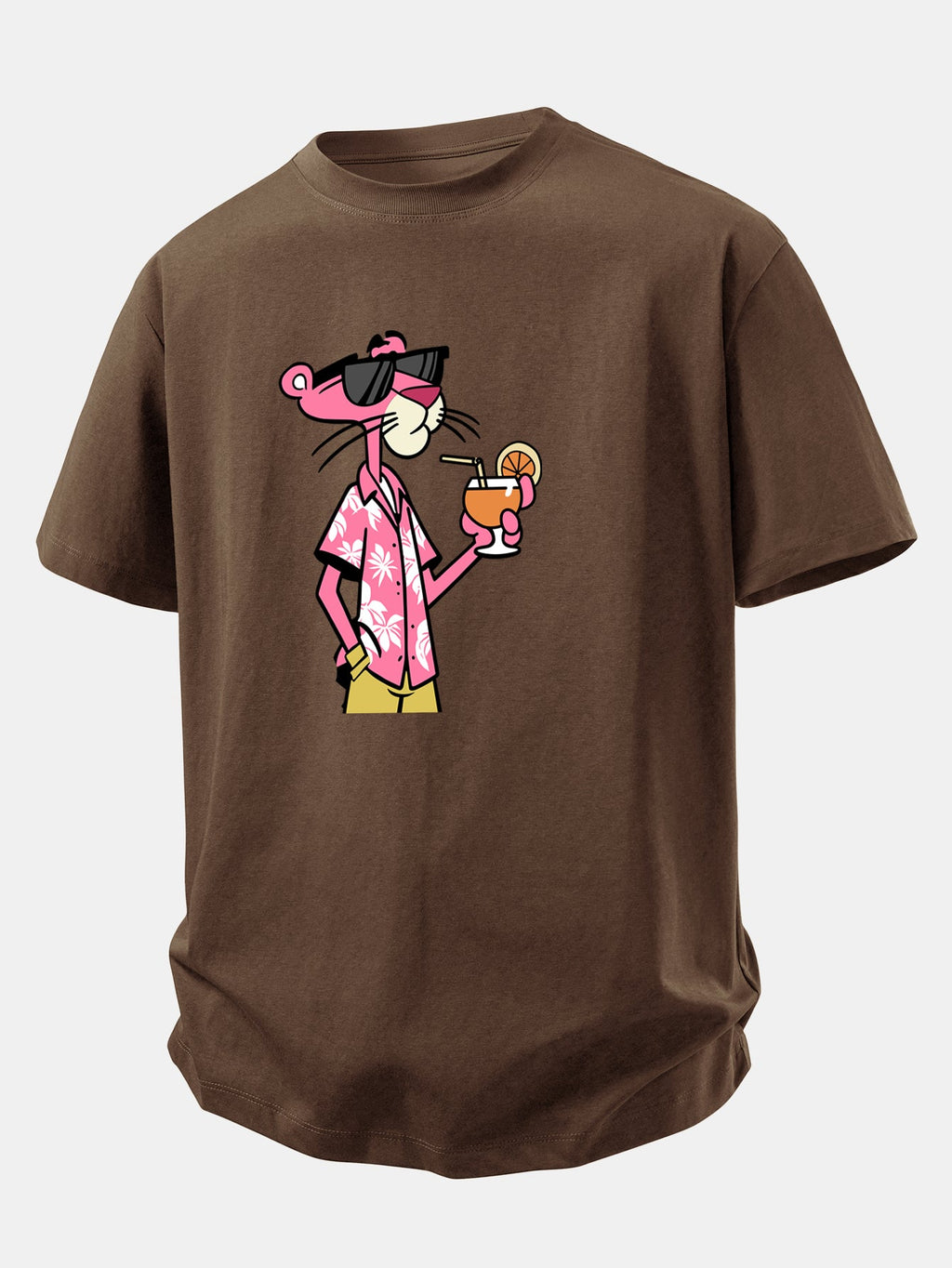 Relax Fit Vacation Pink Panther Print Crew Collar T-Shirt  & Drawstring Jersey 7" Shorts