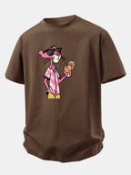 Relax Fit Vacation Pink Panther Print Crew Collar T-Shirt  & Drawstring Jersey 7" Shorts