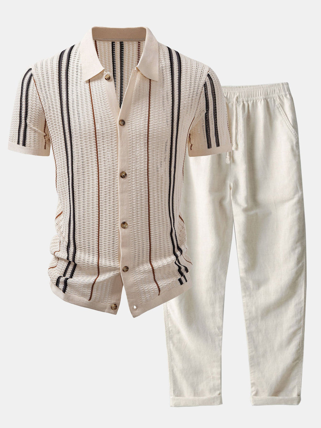 Stripe Textured Knit Shirt & Straight Leg Linen Pants
