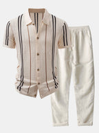Stripe Textured Knit Shirt & Straight Leg Linen Pants