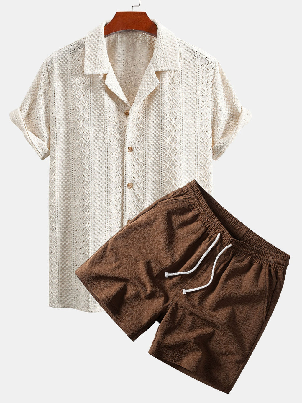Floral Checkerboard Jacquard Cuban Shirt & Crinkle Textured Drawstring 5" Shorts