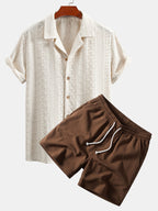 Floral Checkerboard Jacquard Cuban Shirt & Crinkle Textured Drawstring 5" Shorts