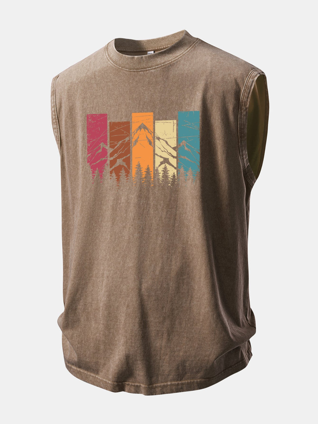 Colorful Mountain Print Washed Distressed Tank Top