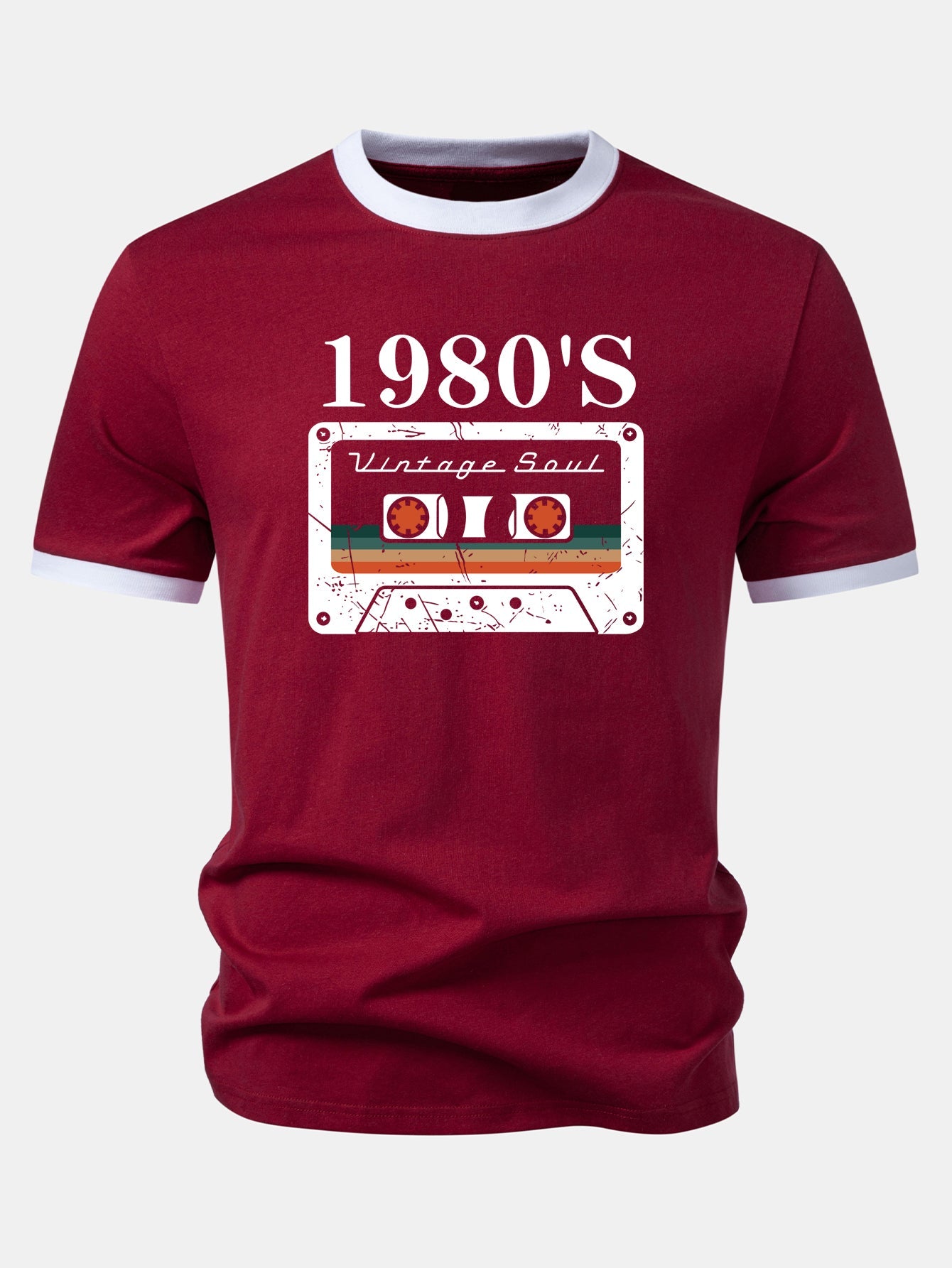 1980‘s Cassette Tape Print Contrast Ringer T-Shirt