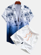 Gradient Island Palm Tree Print Shirt & Swim Shorts