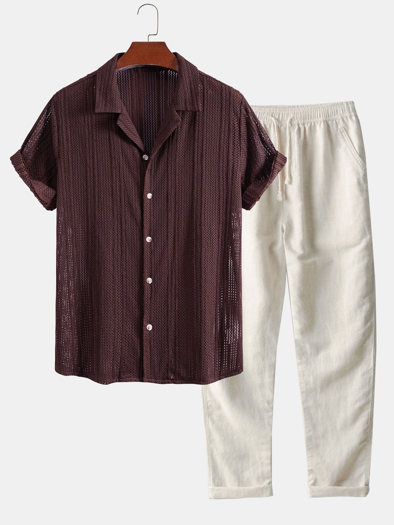 Open Knit Textured Cuban Collar Shirt & Straight Leg Linen Pants