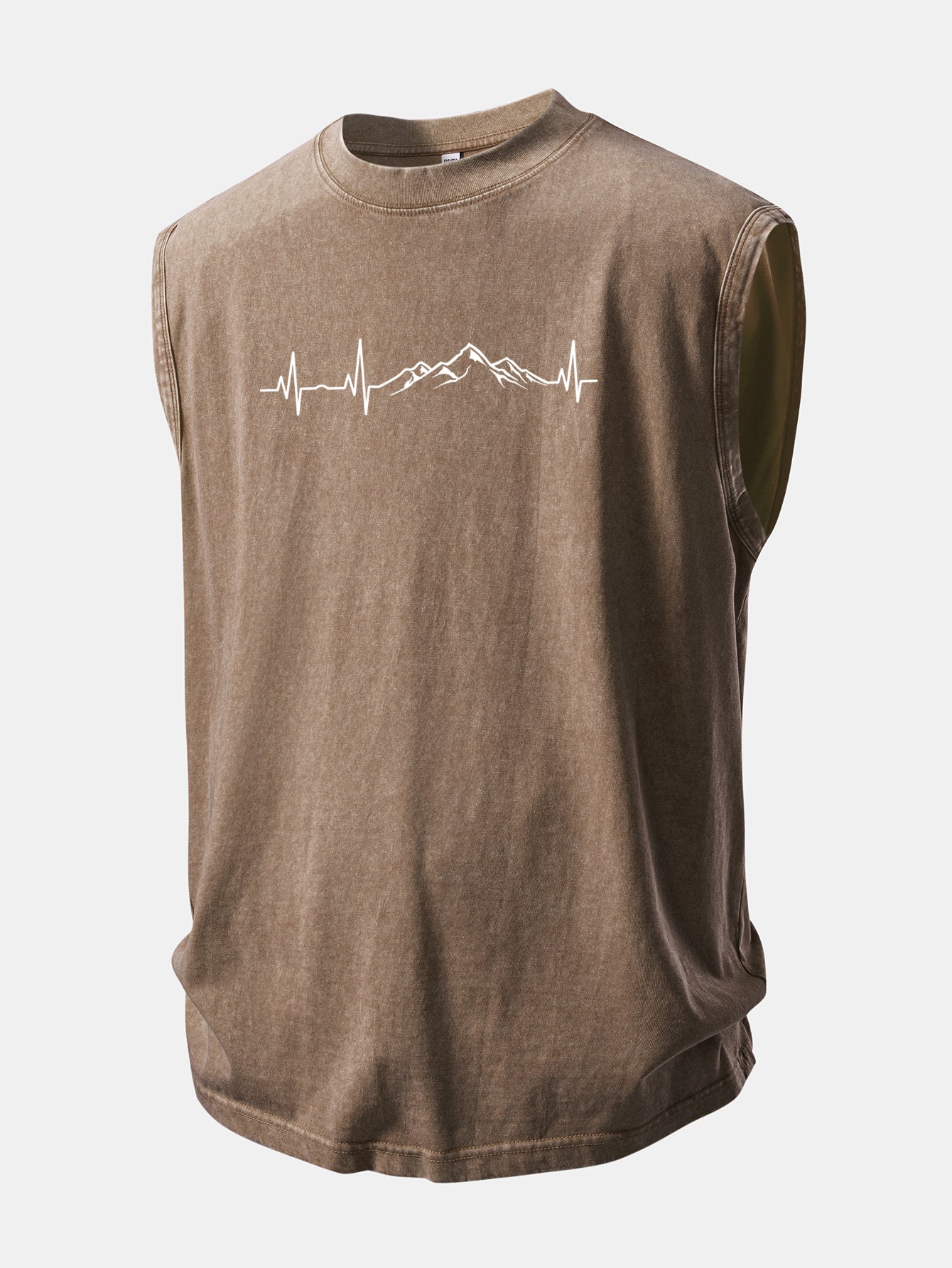 Mountain Heartbeat Print Washed Distressed Tank Top