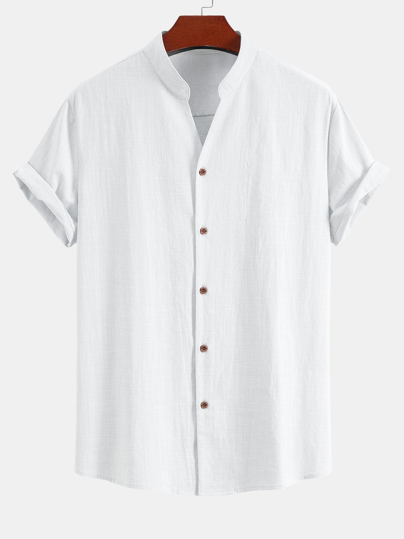 Linen Look V-Neck Stand Collar Shirt & Straight Leg Linen Pants