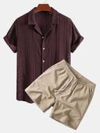 Open Knit Textured Cuban Collar Shirt & Crinkle Textured Drawstring 5" Shorts
