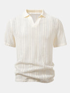 Relax Fit Striped Open Knit Polo & Crinkle Textured Drawstring 5" Shorts