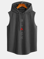 Black Print Curved Hem Sleeveless Hooded Tank Top