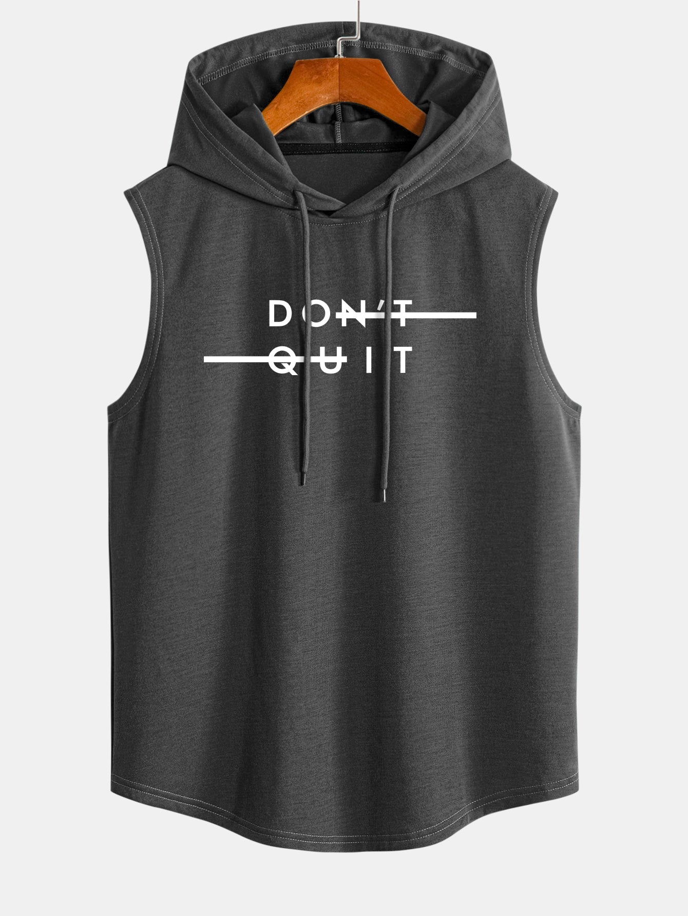 Don't Quit Print Curved Hem Sleeveless Hooded Tank Top