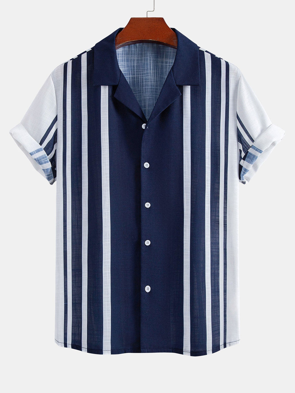 Linen Look Stripe Cuban Collar Shirt & Crinkle Textured Straight Leg Pants