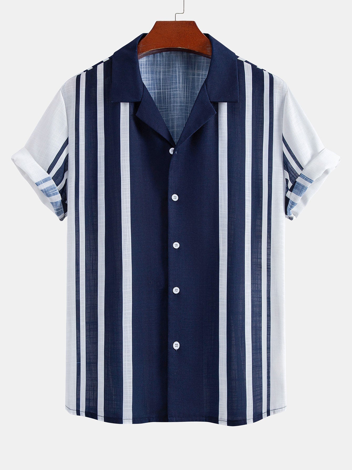 Linen Look Stripe Cuban Collar Shirt & Crinkle Textured Straight Leg Pants