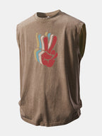 V-sign Print Washed Distressed Tank Top