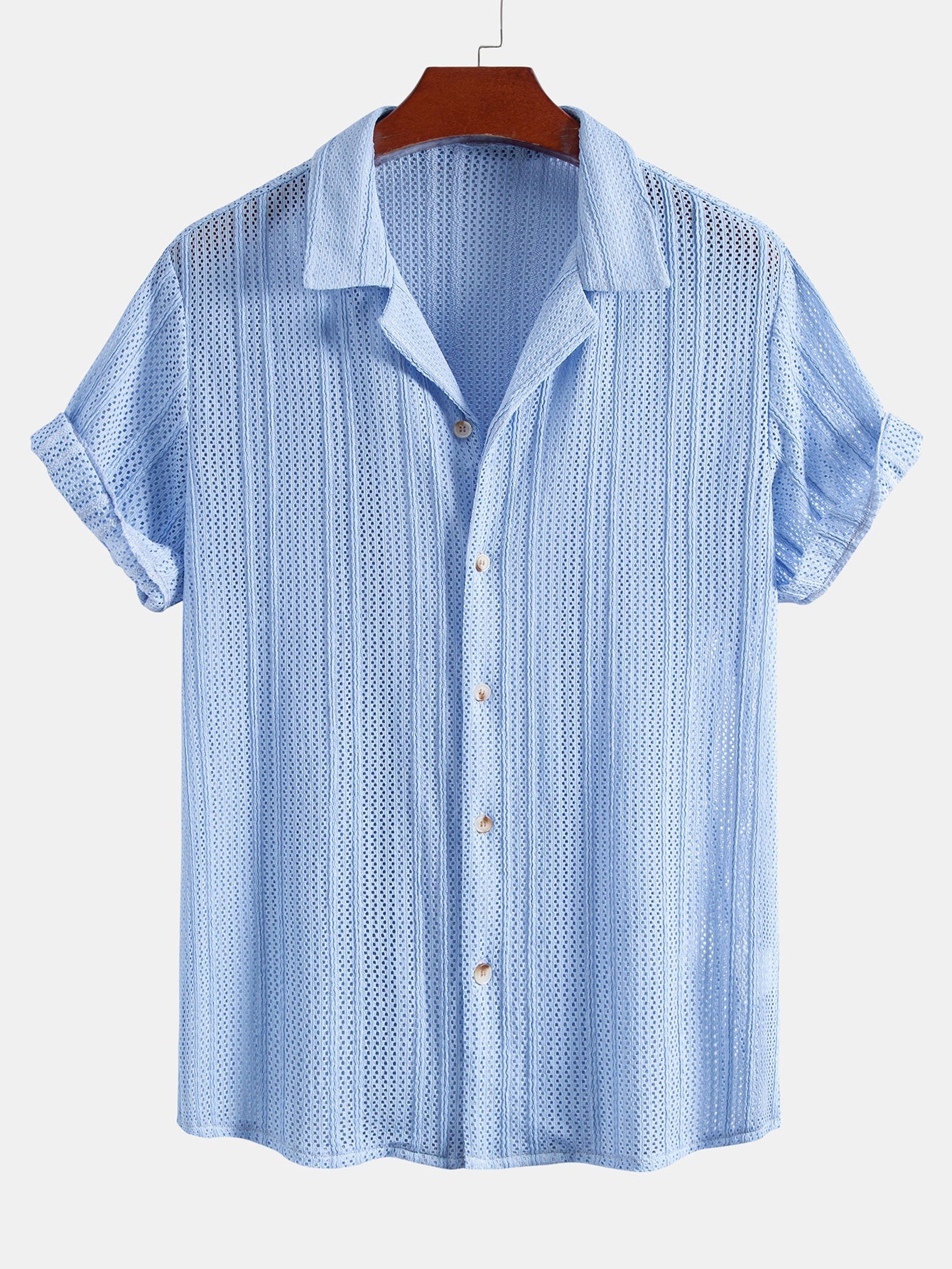 Open Knit Textured Cuban Collar Shirt & Crinkle Textured Drawstring 5" Shorts