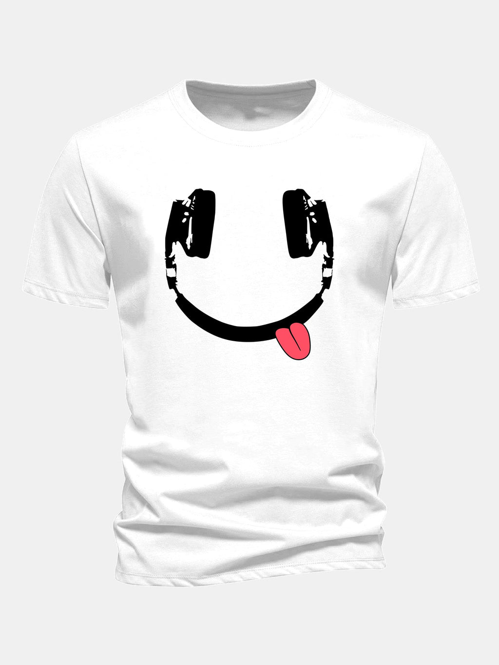 Regular Fit Headphone Smiley Face Print Cotton T-Shirt