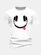 Regular Fit Headphone Smiley Face Print Cotton T-Shirt