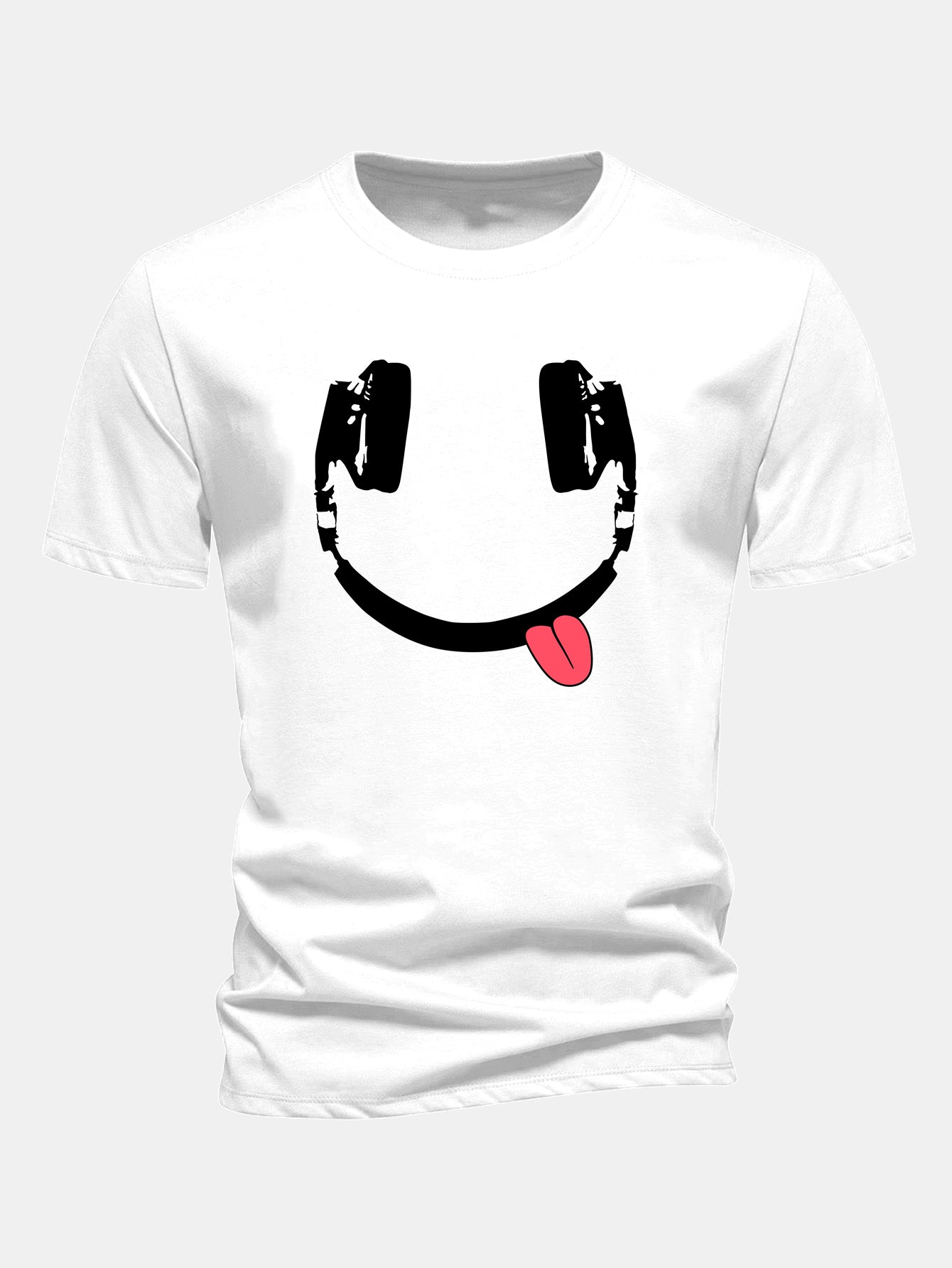 Regular Fit Headphone Smiley Face Print Cotton T-Shirt