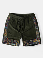 Tribal Geometric Print Patchwork Corduroy Shorts