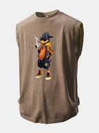 Cool Duck Print Washed Distressed Tank Top