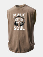 Music Headphones Print Washed Distressed Tank Top
