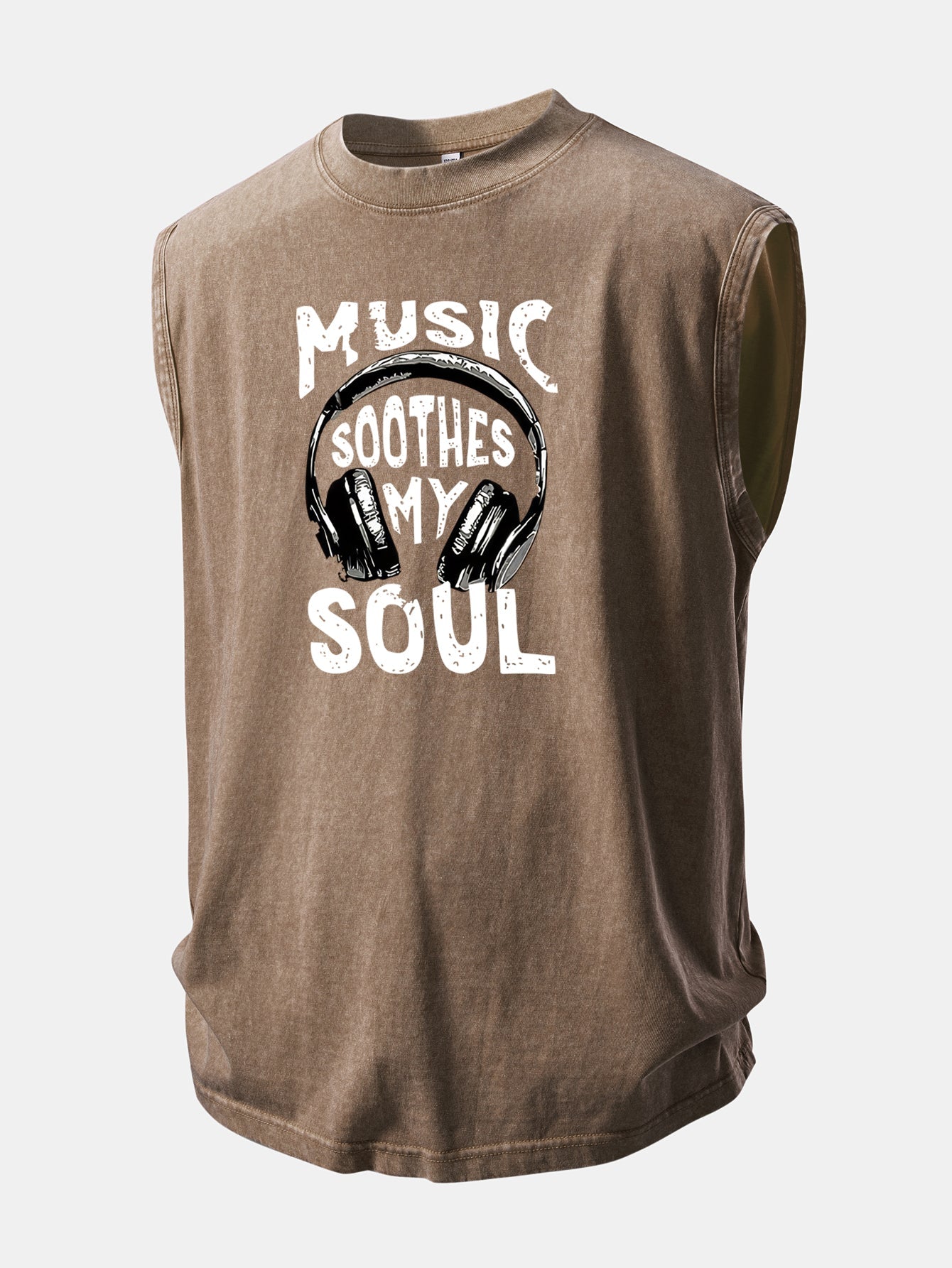 Music Headphones Print Washed Distressed Tank Top