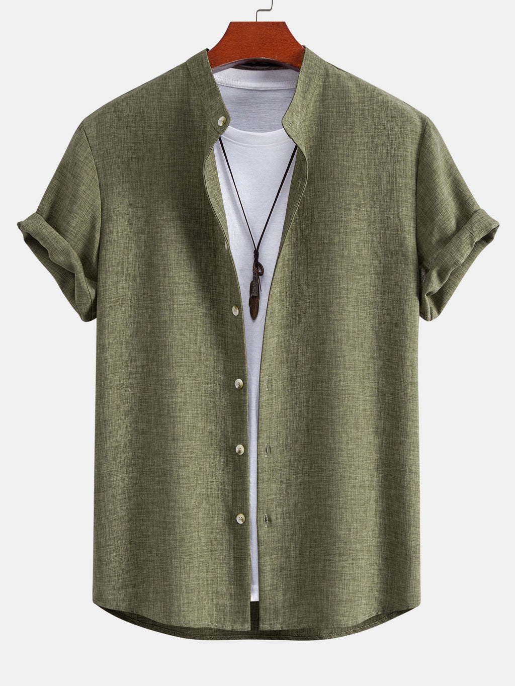 Linen Look Stand Collar Shirt