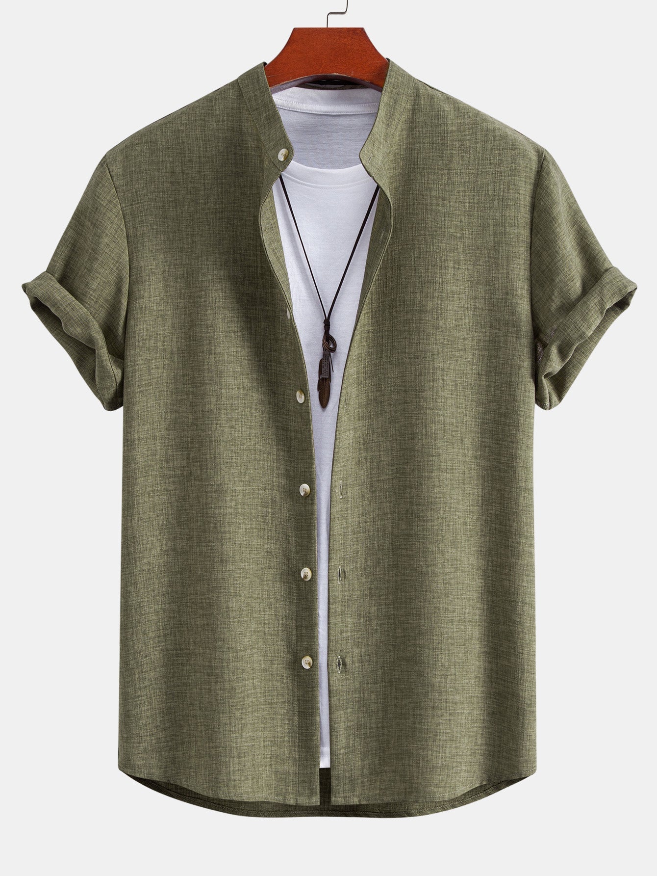 Linen Look Stand Collar Shirt
