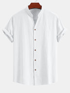 Linen Look V-Neck Stand Collar Shirt