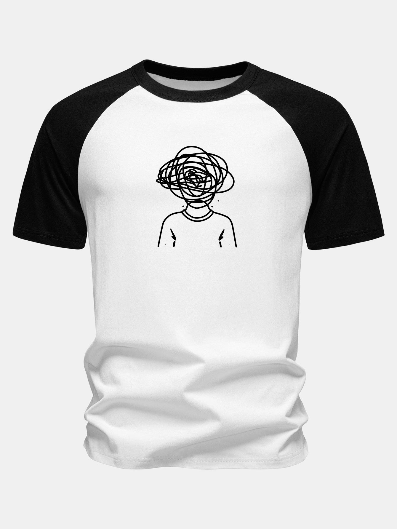 Overthinking Scribble Head Print Cotton Raglan Sleeve T-Shirt