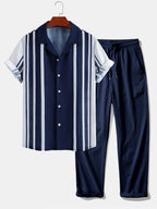 Linen Look Stripe Cuban Collar Shirt & Crinkle Textured Straight Leg Pants