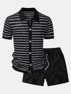 Stripe Open Knit Shirt & Crinkle Textured Drawstring 5" Shorts