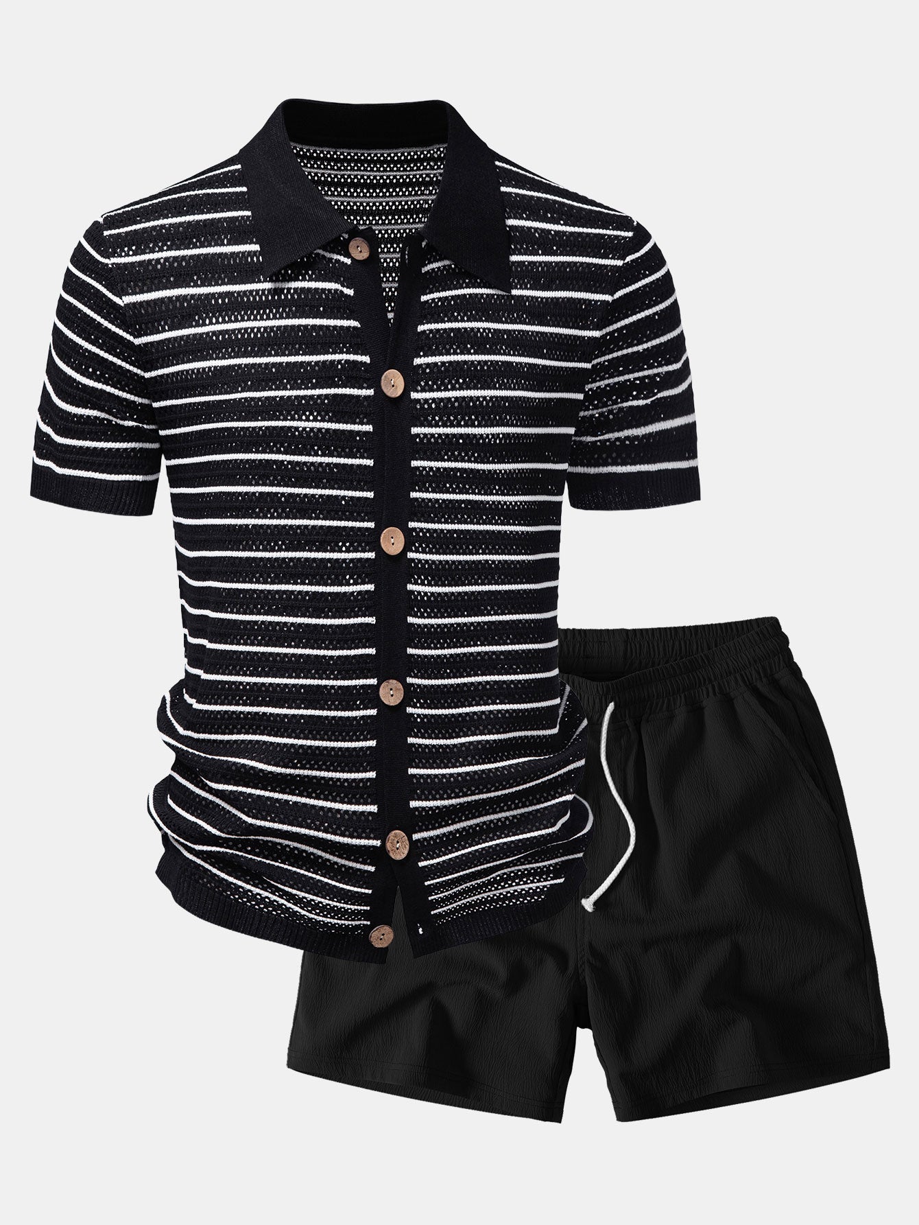 Stripe Open Knit Shirt & Crinkle Textured Drawstring 5" Shorts