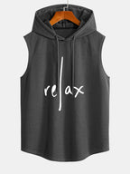 Relax Print Curved Hem Sleeveless Hooded Tank Top