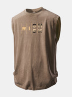 Rich Or Risk Print Washed Distressed Tank Top