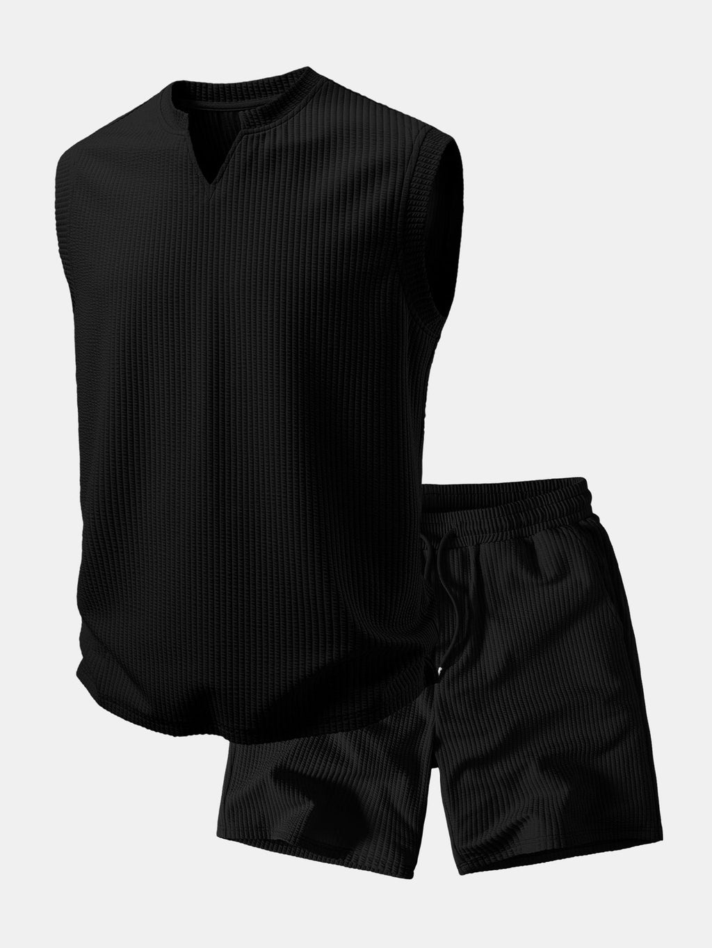 Ribbed Notched Collar Tank Top & Ribbed Drawstring 7" Shorts