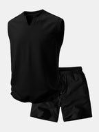 Ribbed Notched Collar Tank Top & Ribbed Drawstring 7" Shorts