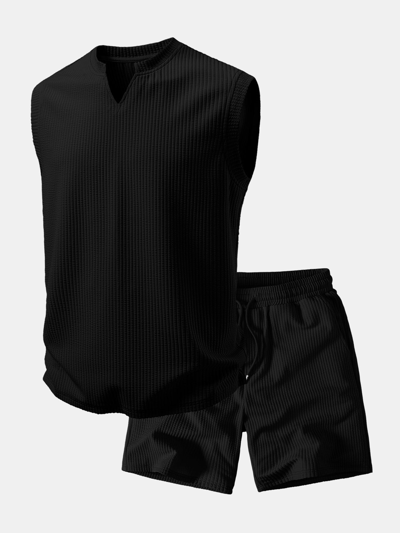 Ribbed Notched Collar Tank Top & Ribbed Drawstring 7" Shorts