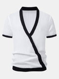 Contrast Trim Deep V Neck Textured Knit T-Shirt