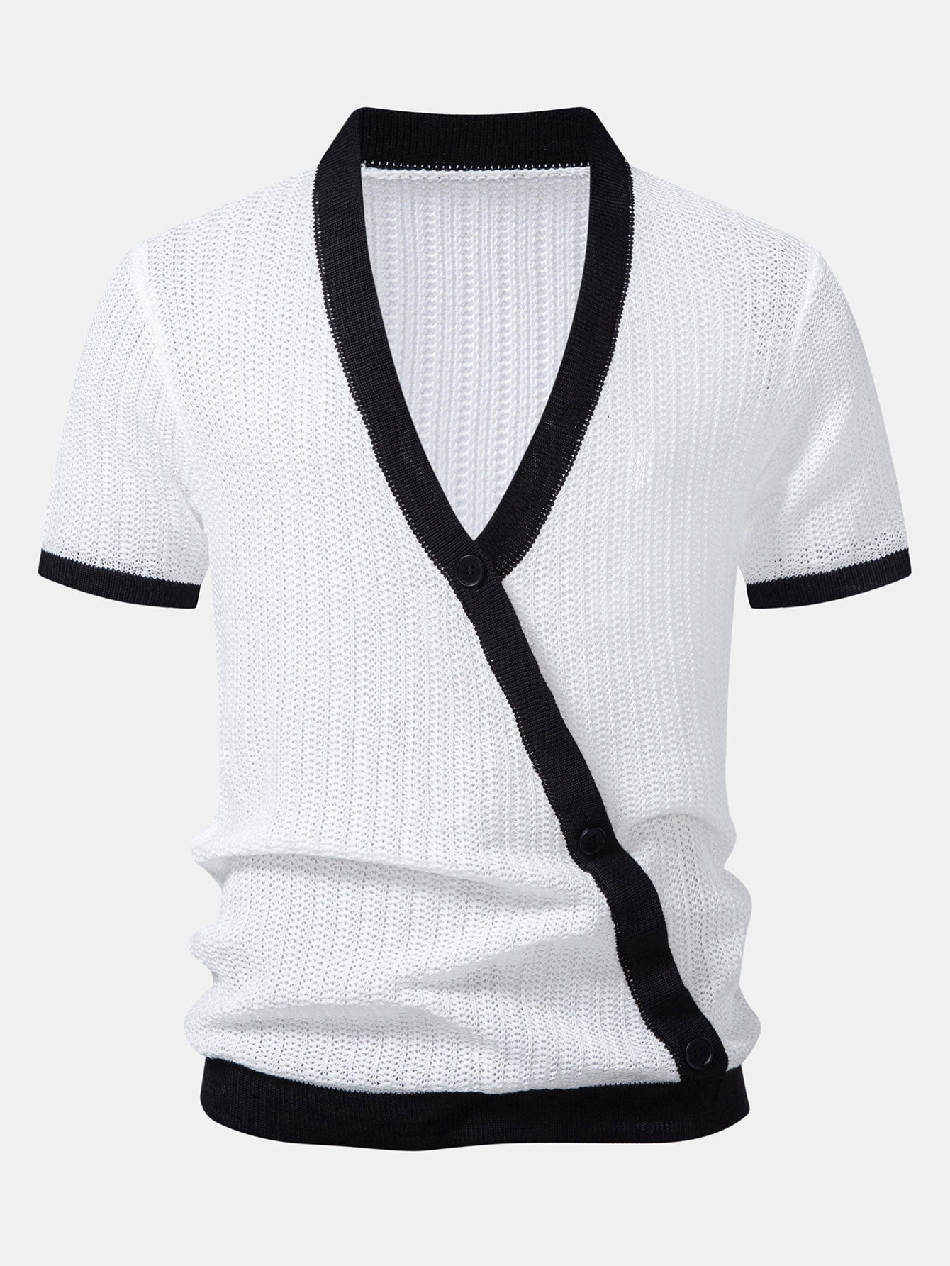 Contrast Trim Deep V Neck Textured Knit T-Shirt