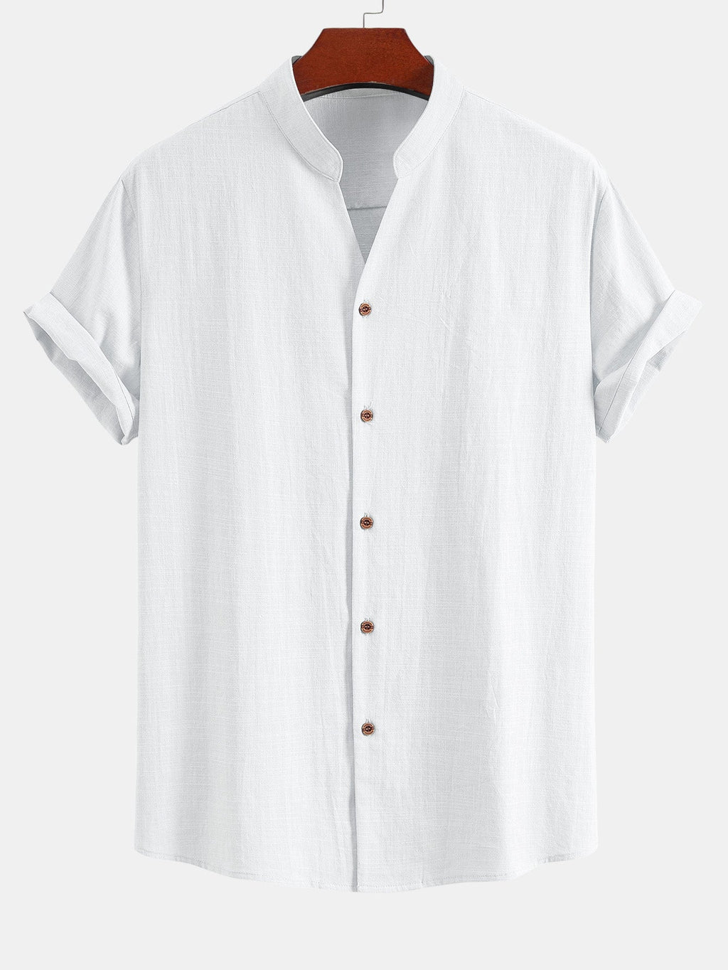 Linen Look V-Neck Stand Collar Shirt & Crinkle Textured Straight Leg Pants
