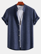 Linen Look Stand Collar Shirt & Drawstring 7" Shorts